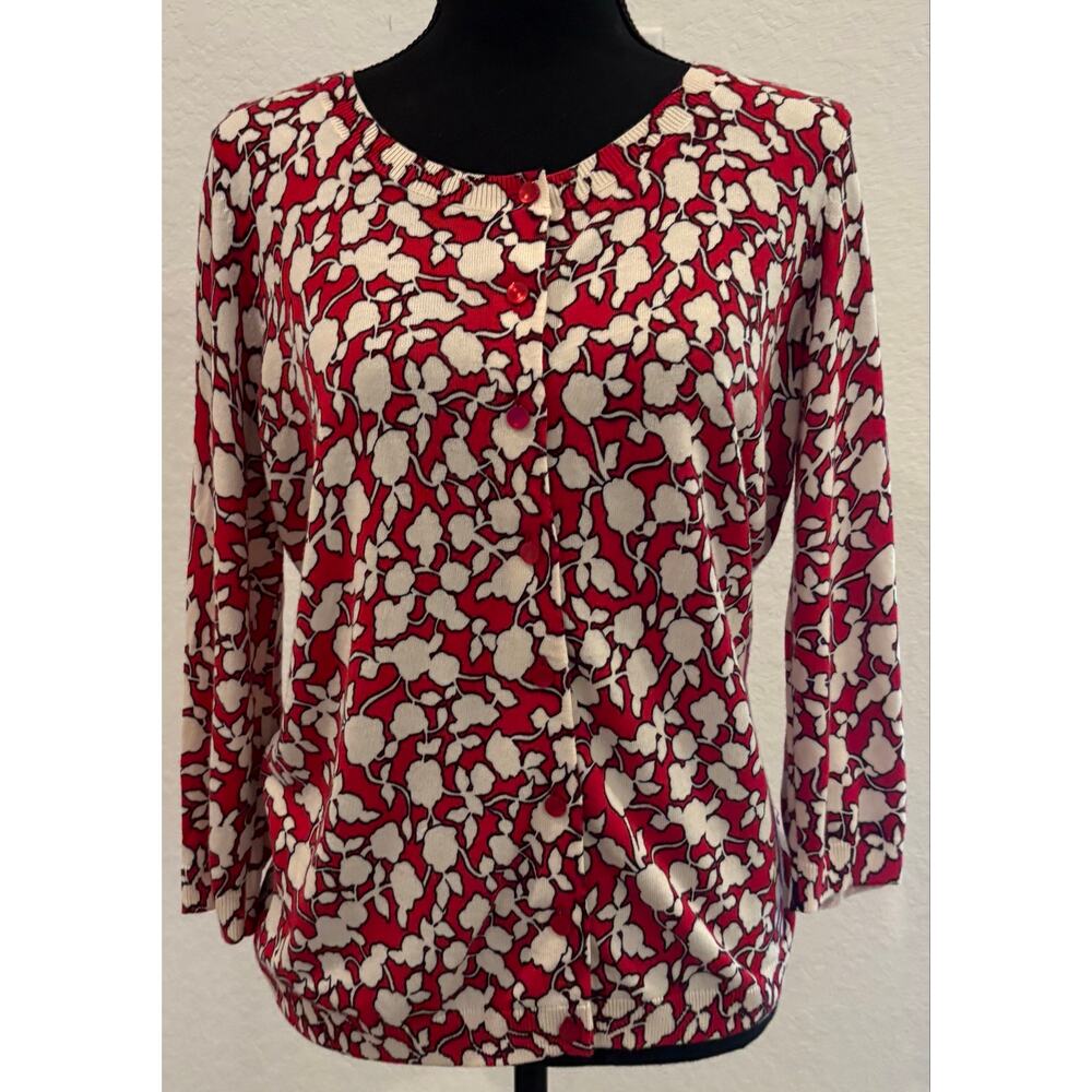 Talbots Red Floral Button-Up Lightweight Cargigan Size Petite Medium